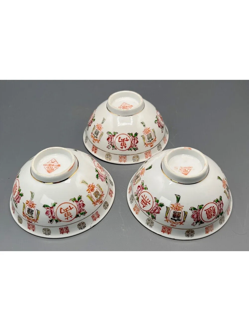 3 Vintage Chinese Porcelain Rice Bowls Double Happiness Longevity Gold Trim